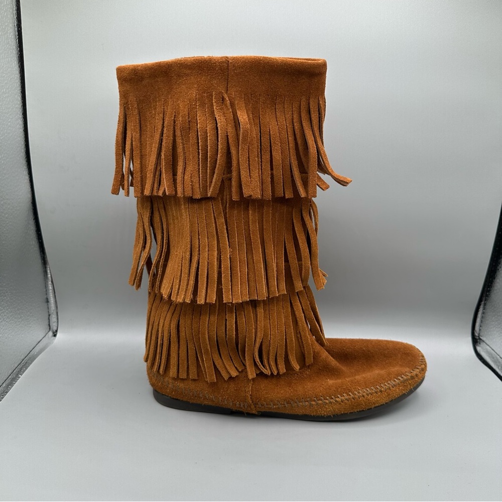 Minnetonka Triple Fringe Suede Moccasin Boots - Chestnut - Picture 4 of 11
